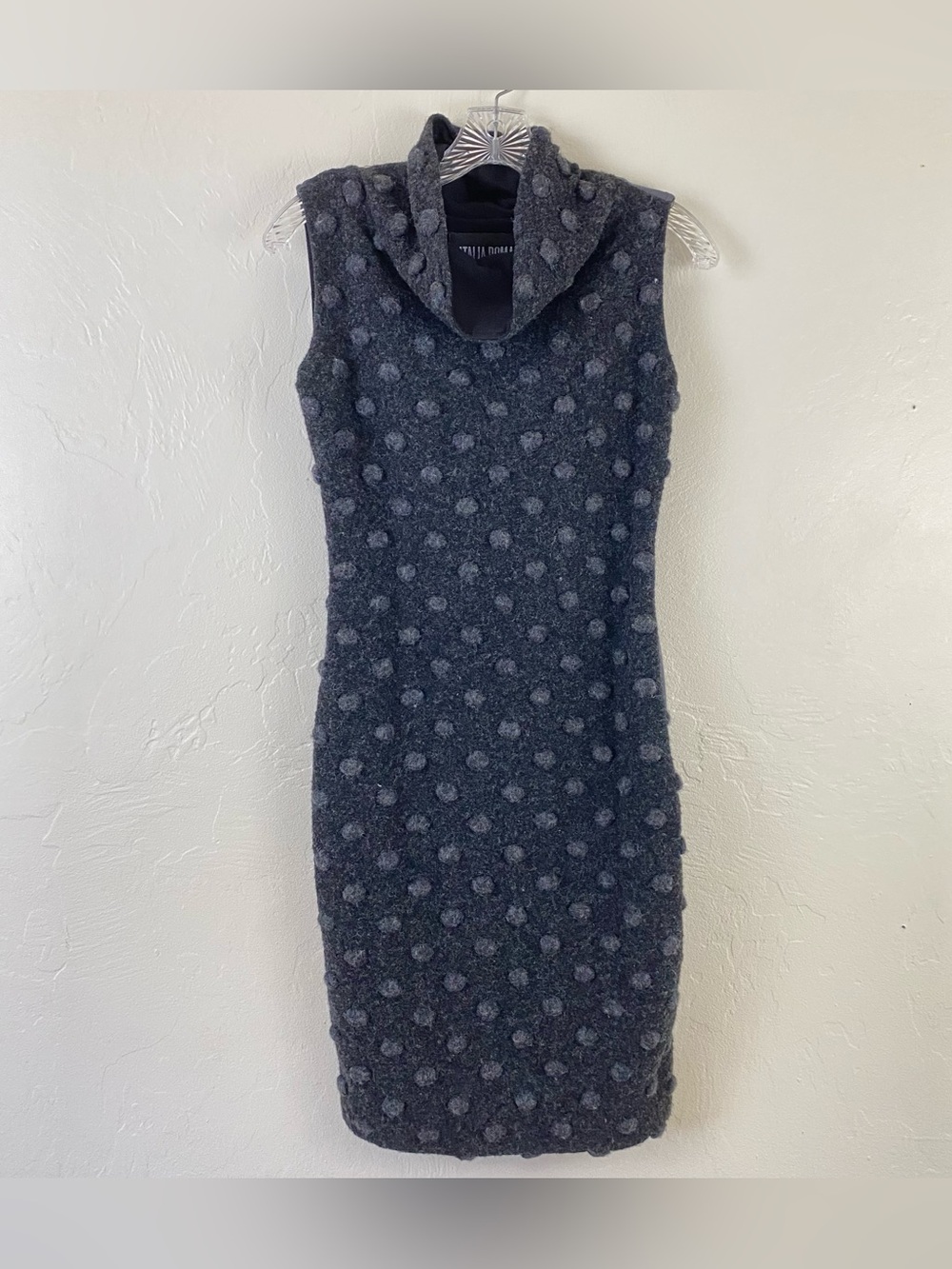 Natalia Romano Size Medium Grey & Black Polka Dot Knitted Turtle Neck Midi Dress